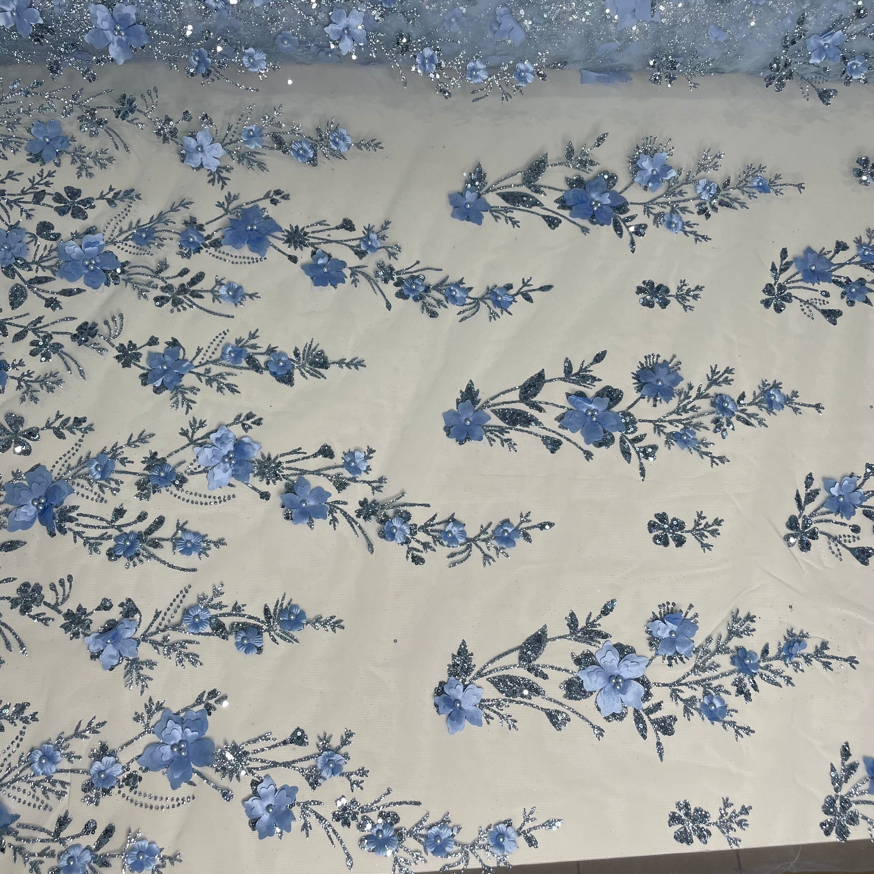 Tule Bordado Glitter 3D Floral Pérola Azul Serenity