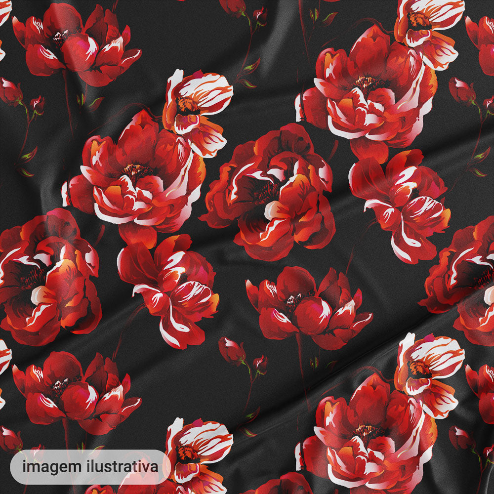 Oxford Digital Floral Brilho Preto Vermelho