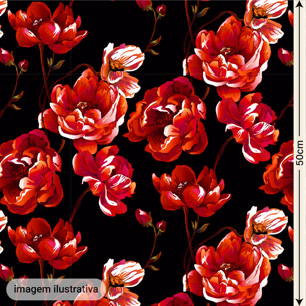 Oxford Digital Floral Brilho Preto Vermelho