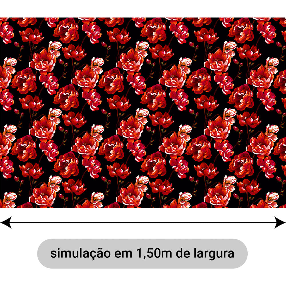 Oxford Digital Floral Brilho Preto Vermelho