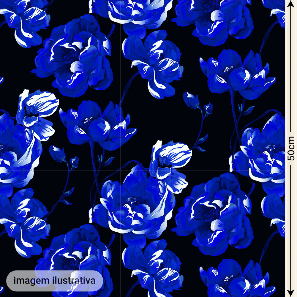 Oxford Digital Floral Brilho Preto Azul