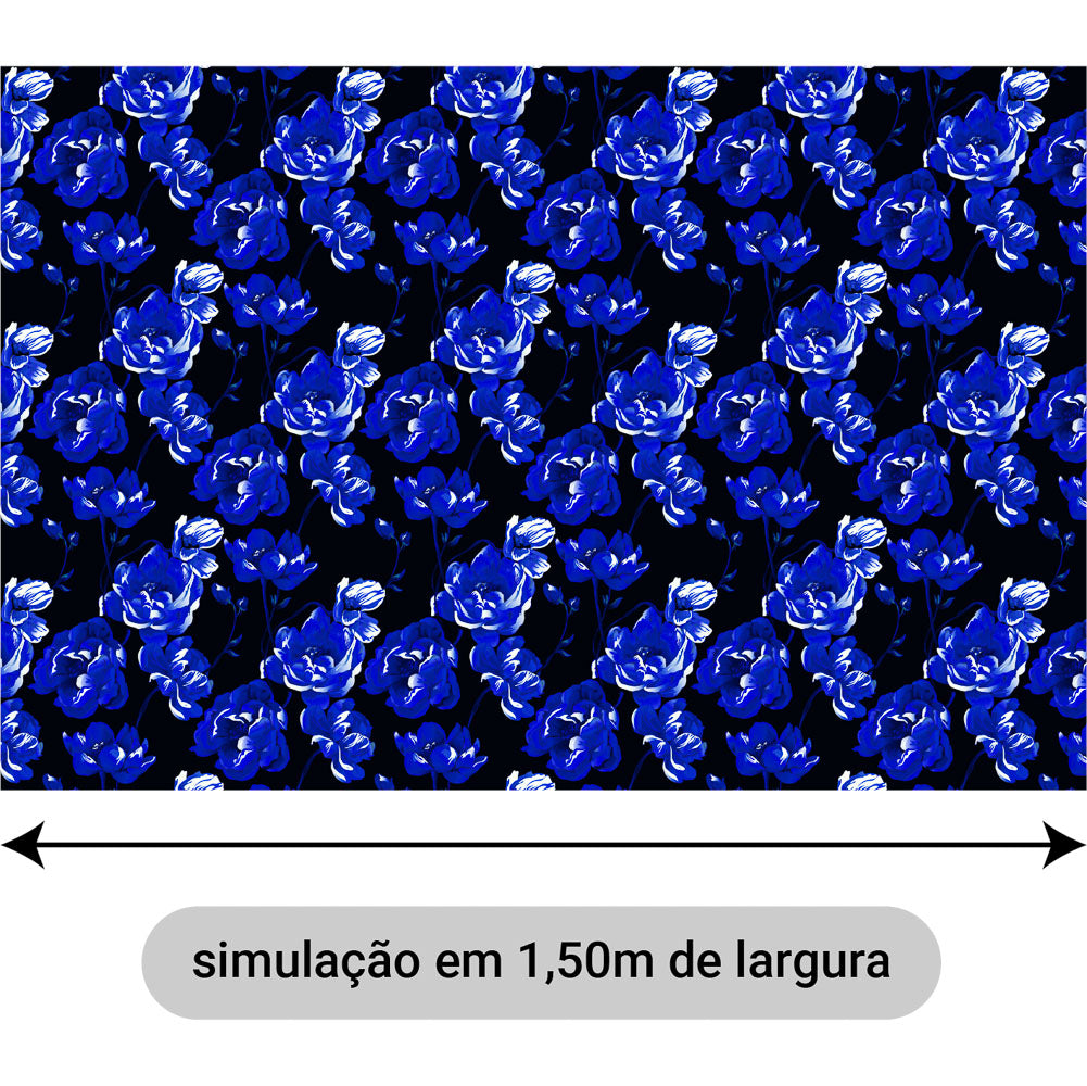 Oxford Digital Floral Brilho Preto Azul