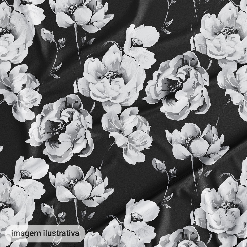 Oxford Digital Floral Brilho Preto Branco