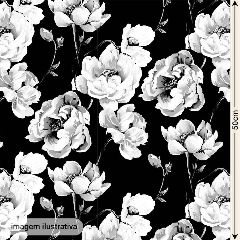 Oxford Digital Floral Brilho Preto Branco