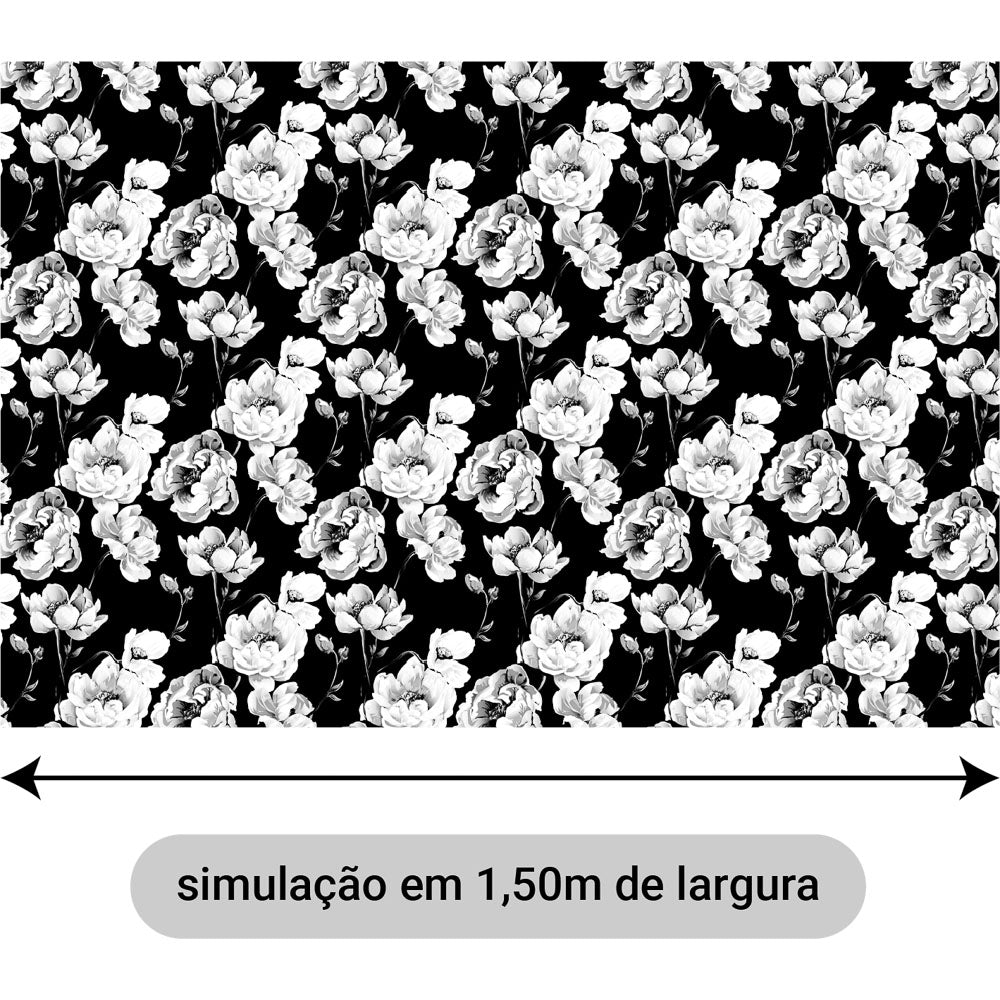 Oxford Digital Floral Brilho Preto Branco