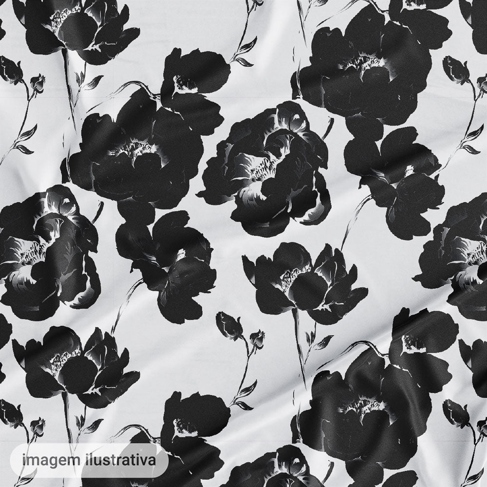 Oxford Digital Floral Brilho Branco Preto