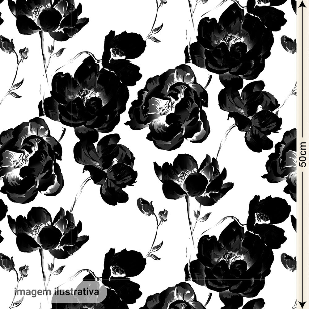 Oxford Digital Floral Brilho Branco Preto