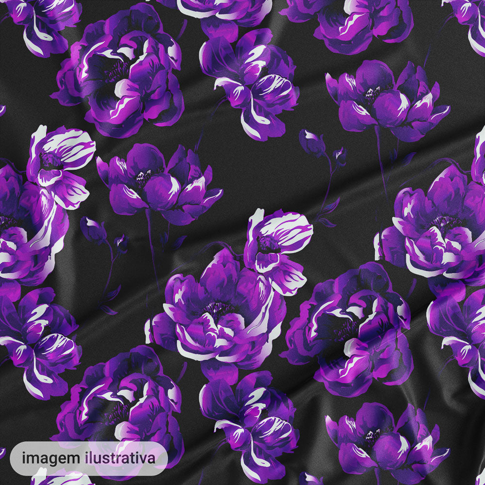 Oxford Digital Floral Brilho Preto Roxo