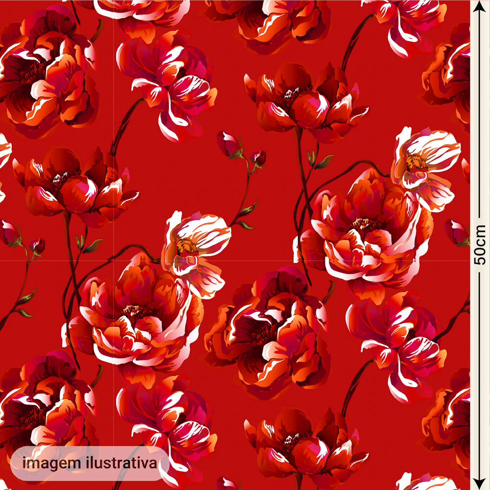 Oxford Digital Floral Brilho Vermelho Branco