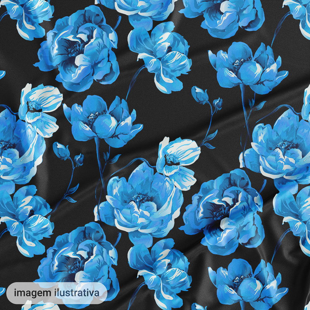 Oxford Digital Floral Brilho Azul Claro Fundo Preto