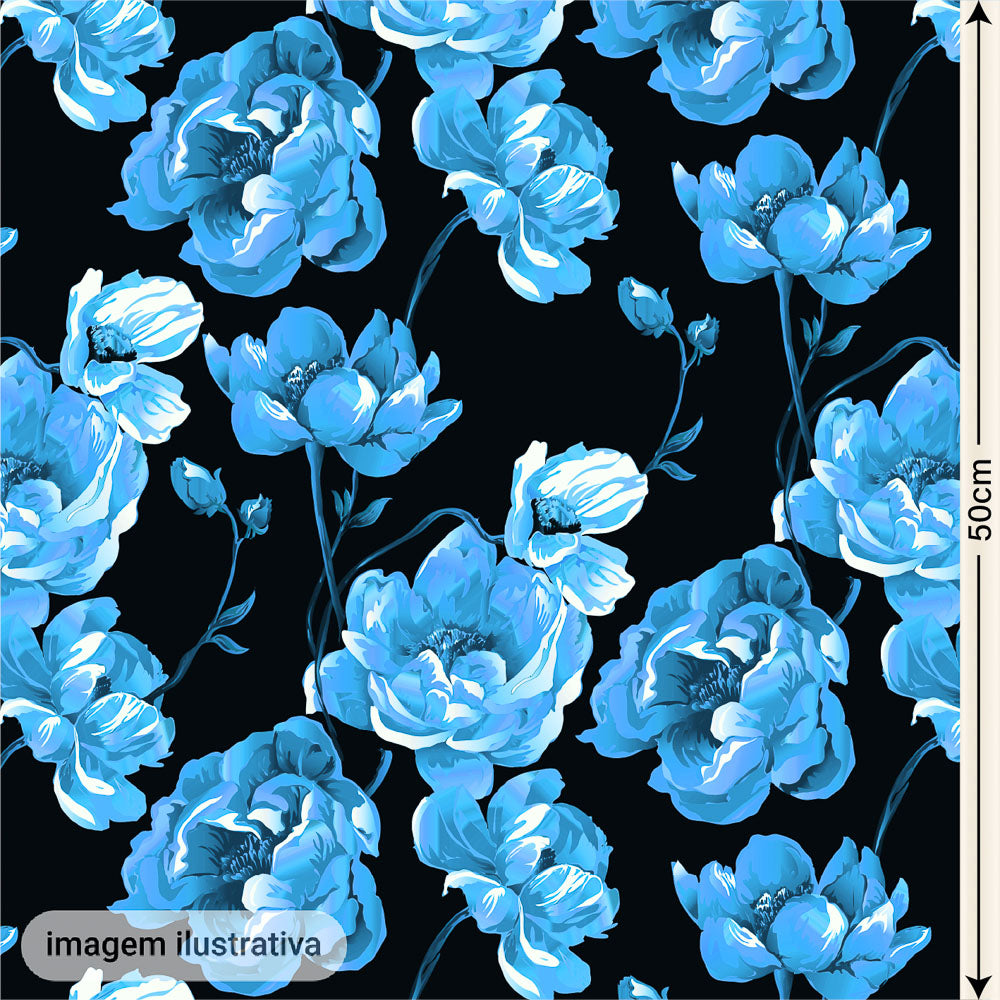 Oxford Digital Floral Brilho Azul Claro Fundo Preto