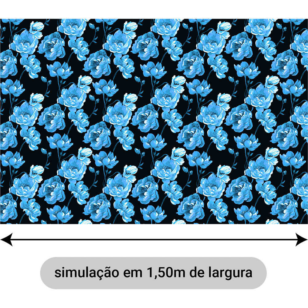 Oxford Digital Floral Brilho Azul Claro Fundo Preto