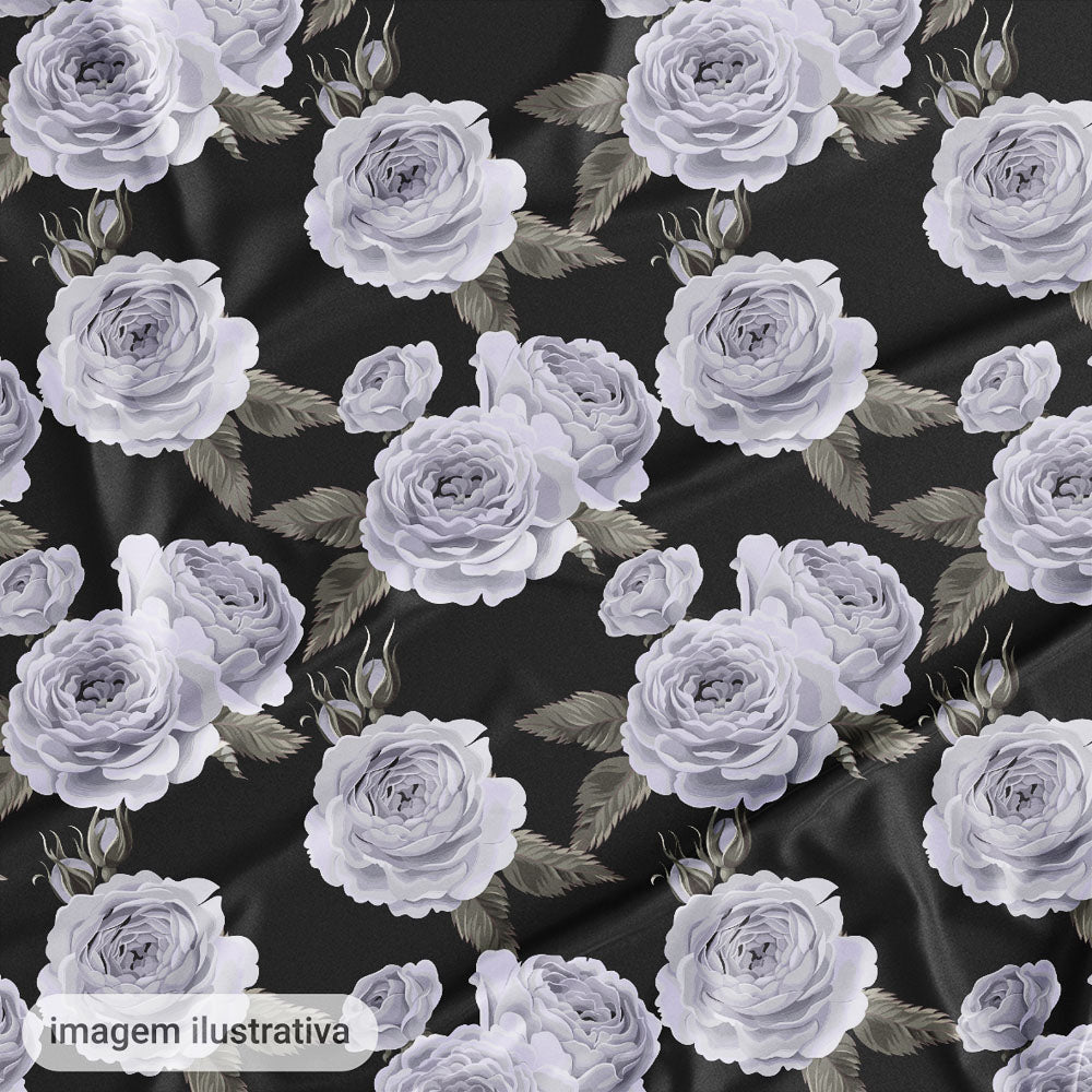 Oxford Digital Flores Brancas Fundo Preto