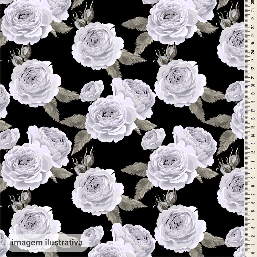 Oxford Digital Flores Brancas Fundo Preto