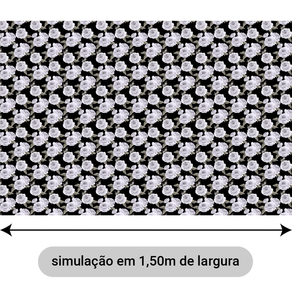 Oxford Digital Flores Brancas Fundo Preto