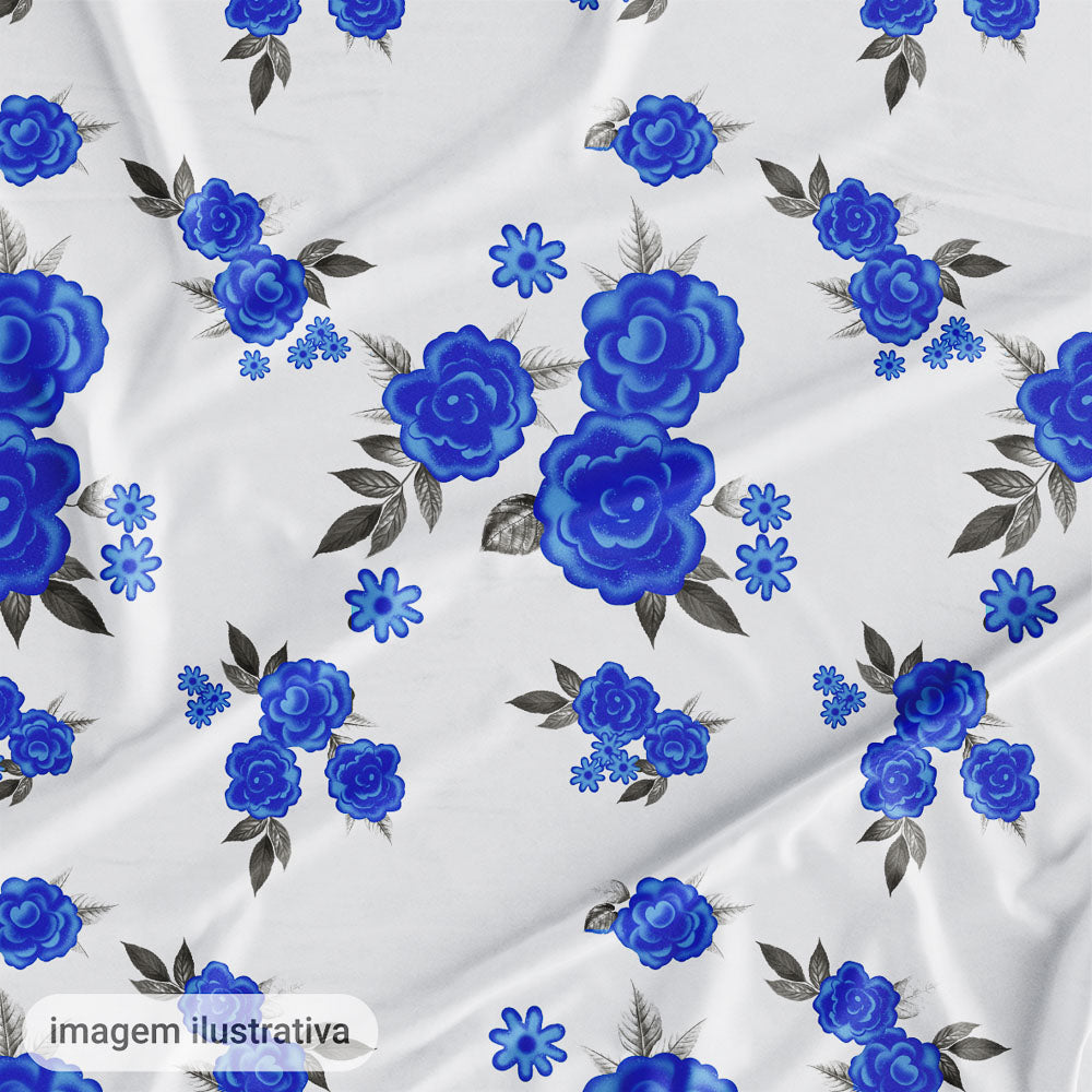 Oxford Digital Rosas Azuis Fundo Branco