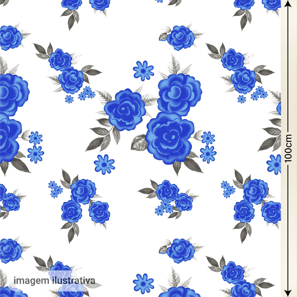 Oxford Digital Rosas Azuis Fundo Branco