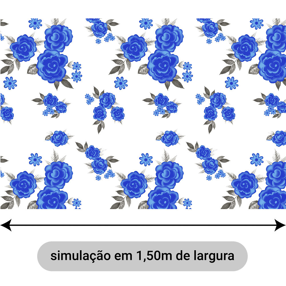 Oxford Digital Rosas Azuis Fundo Branco