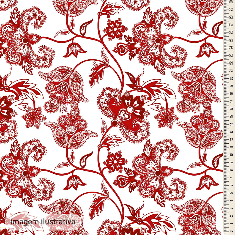 Oxford Digital Floral Paisley Vermelho Fundo Branco