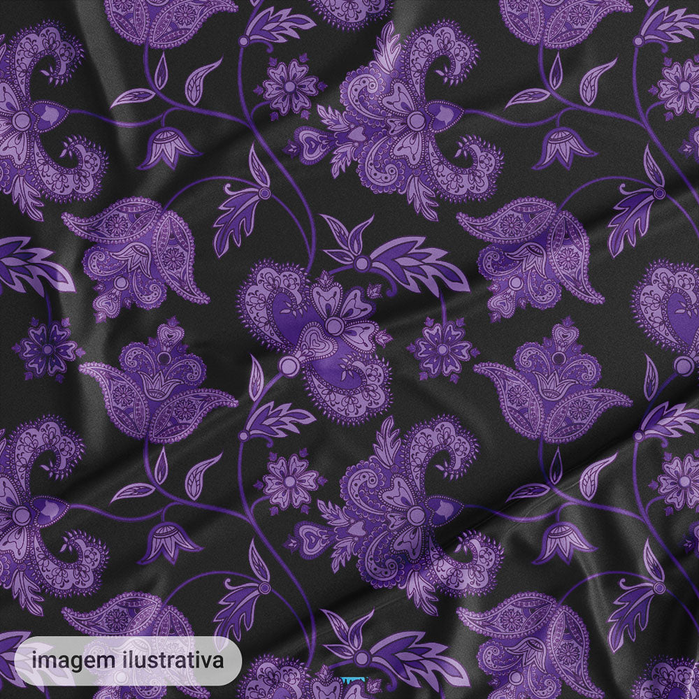 Oxford Digital Floral Paisley Roxo Fundo Preto