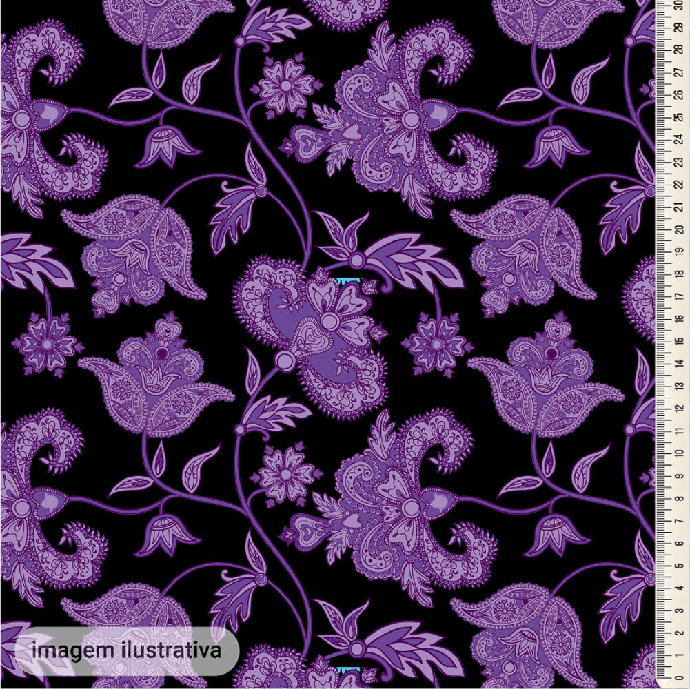 Oxford Digital Floral Paisley Roxo Fundo Preto