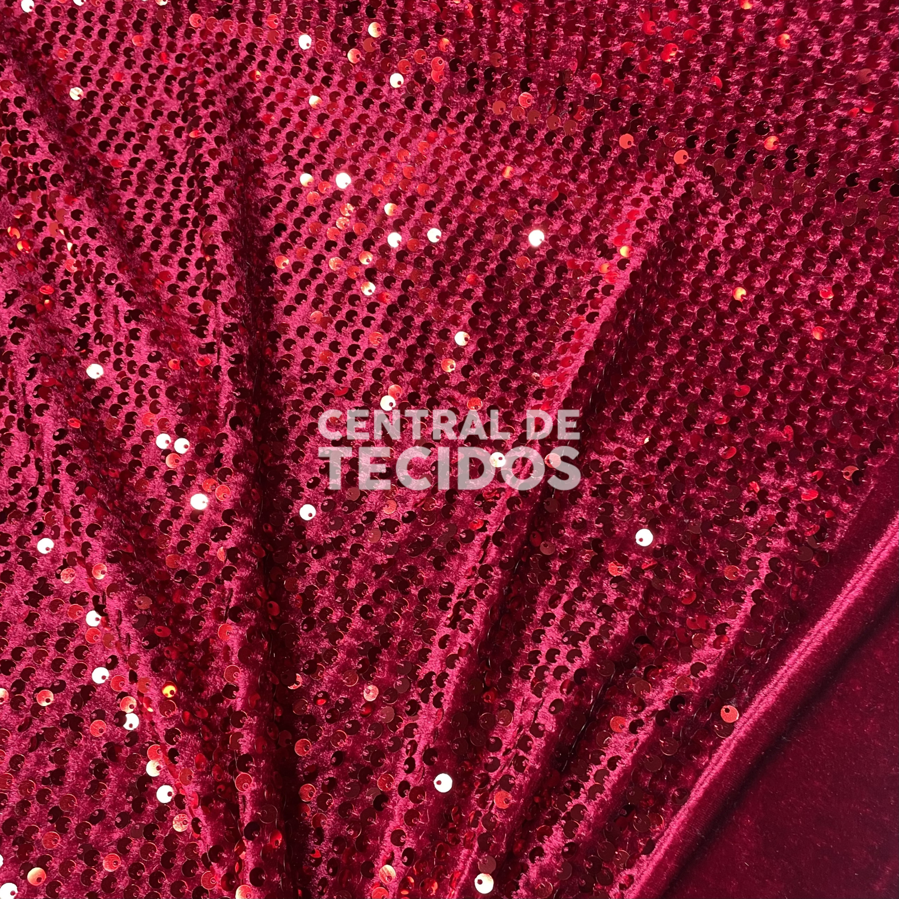 Veludo Paetê Vermelho Bordô