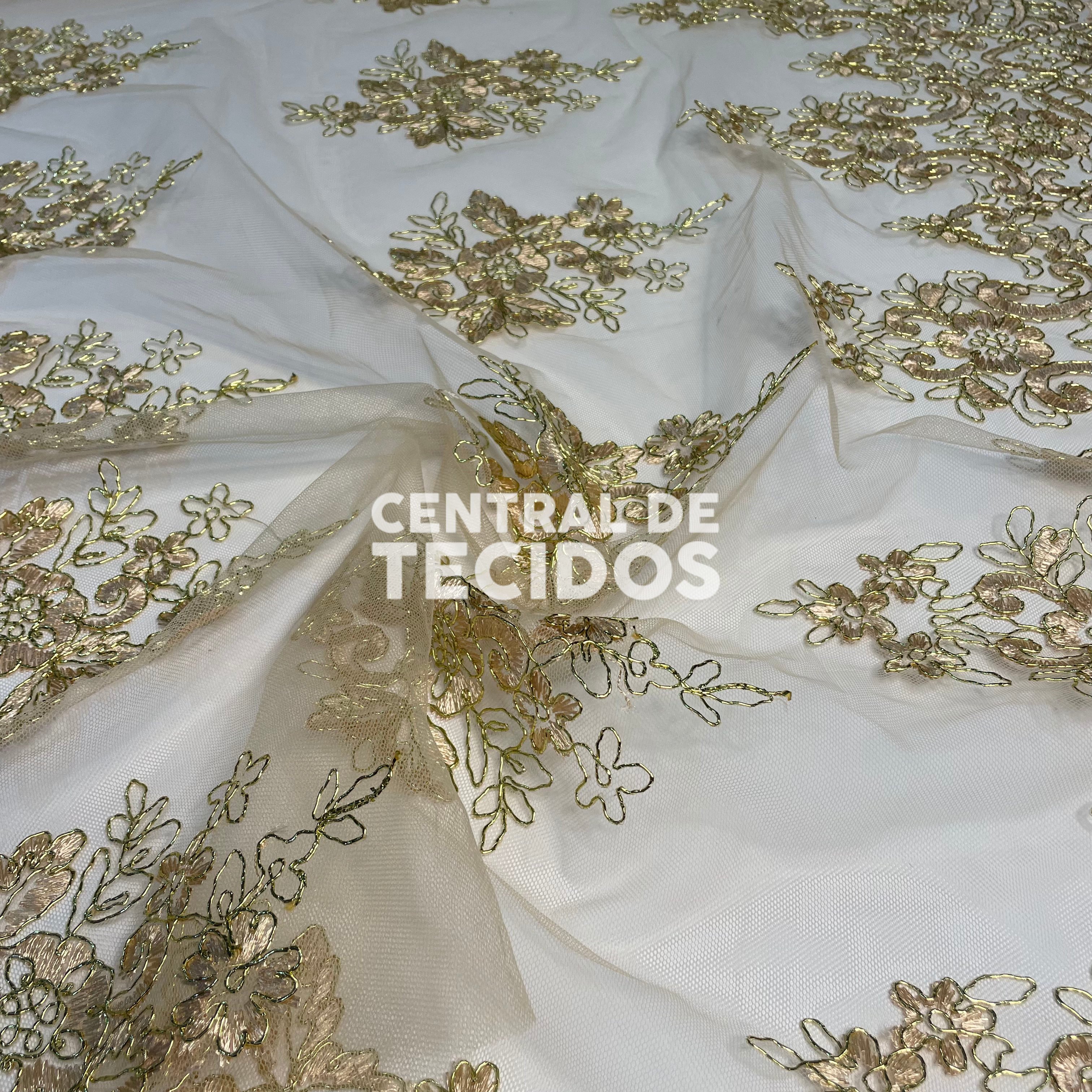 Tule Bordado Metalic Dourado Fio Dourado