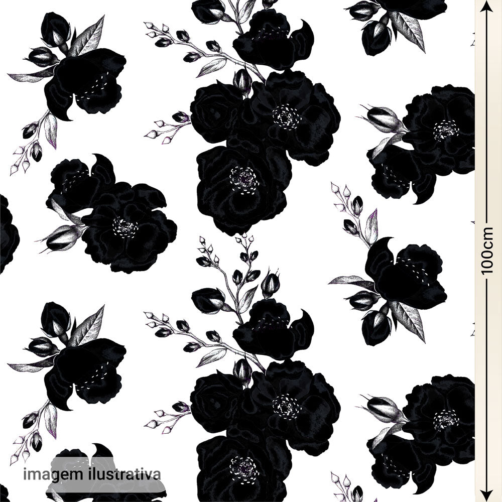 Oxford Digital Floral Preto Fundo Branco