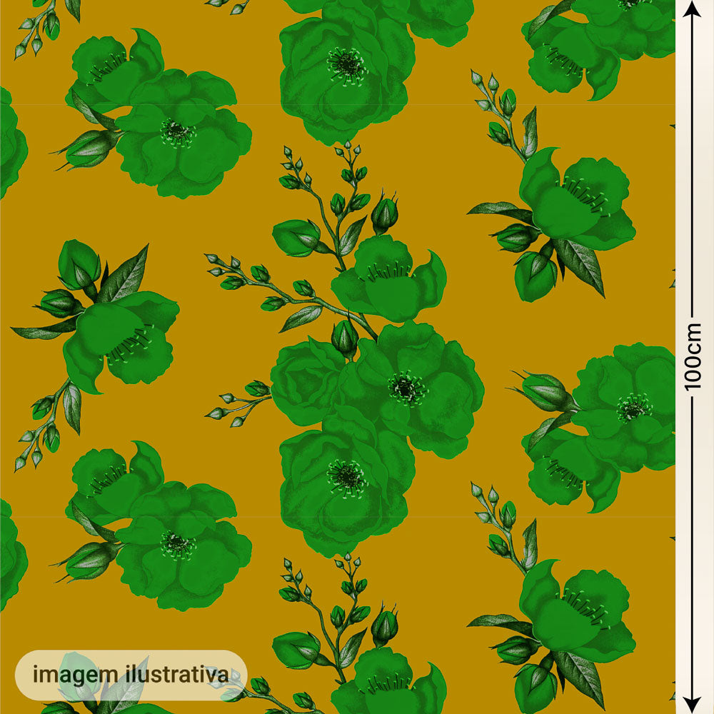 Oxford Digital Floral Verde Fundo Amarelo