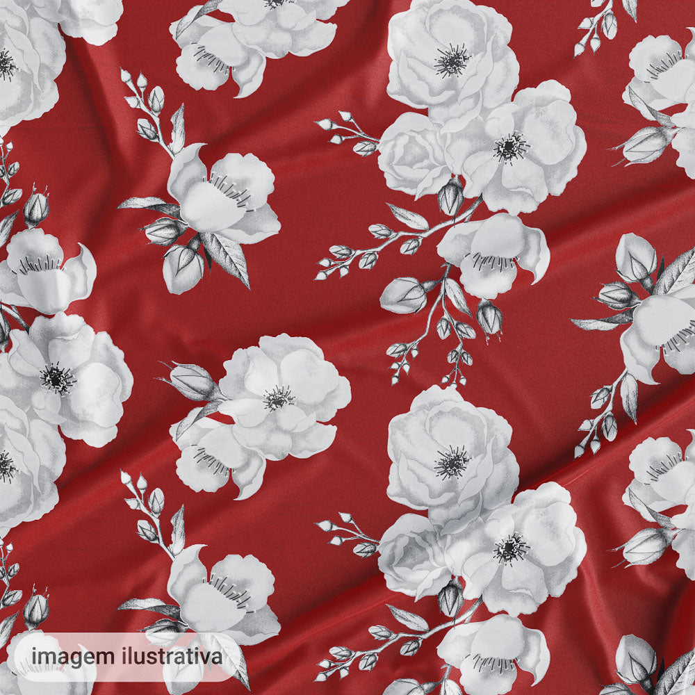 Oxford Digital Floral Branco Fundo Vermelho
