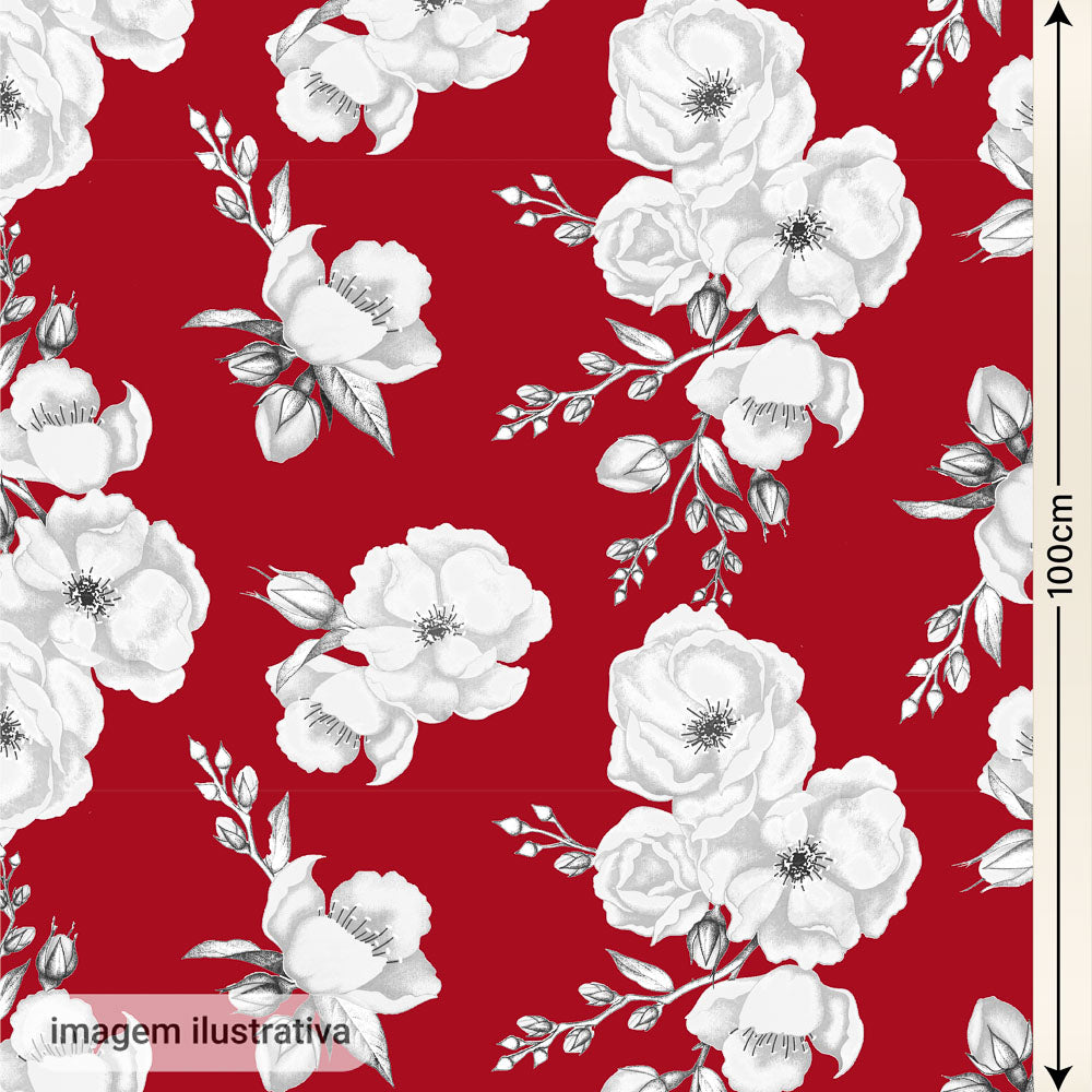 Oxford Digital Floral Branco Fundo Vermelho