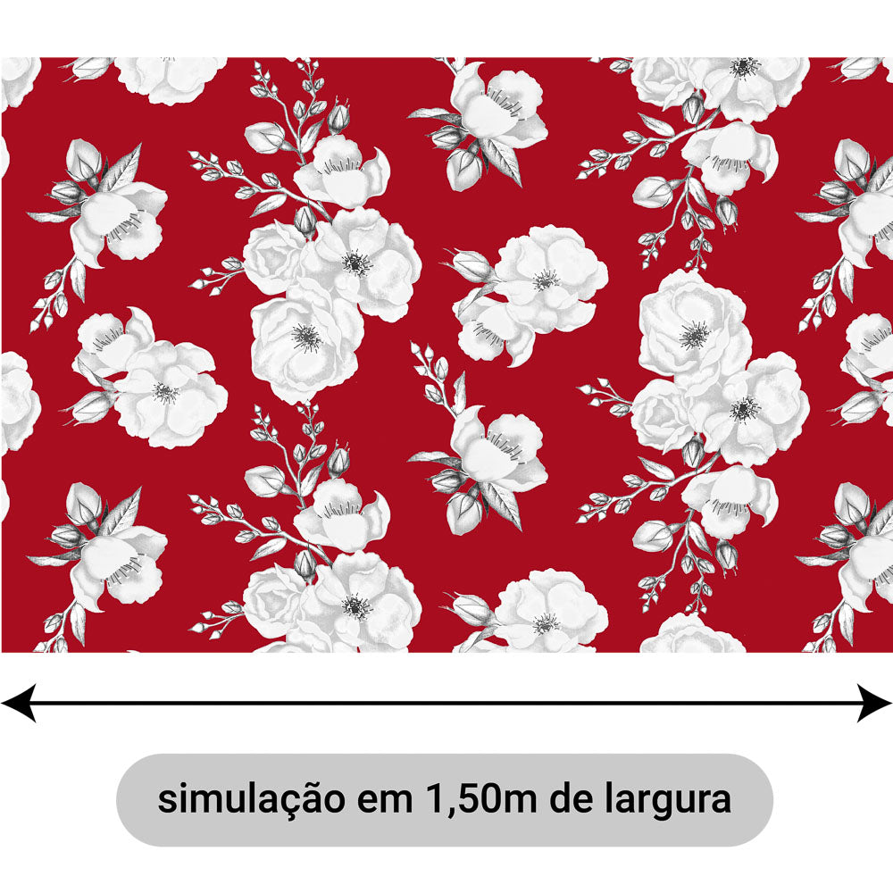 Oxford Digital Floral Branco Fundo Vermelho