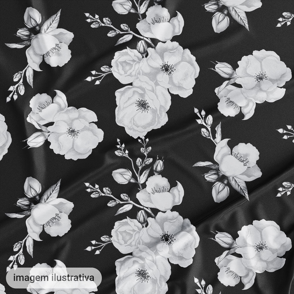 Oxford Digital Floral Branco Fundo Preto