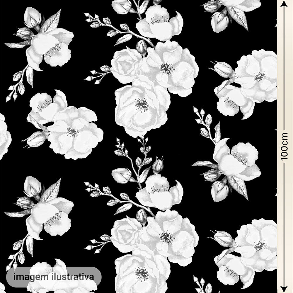 Oxford Digital Floral Branco Fundo Preto