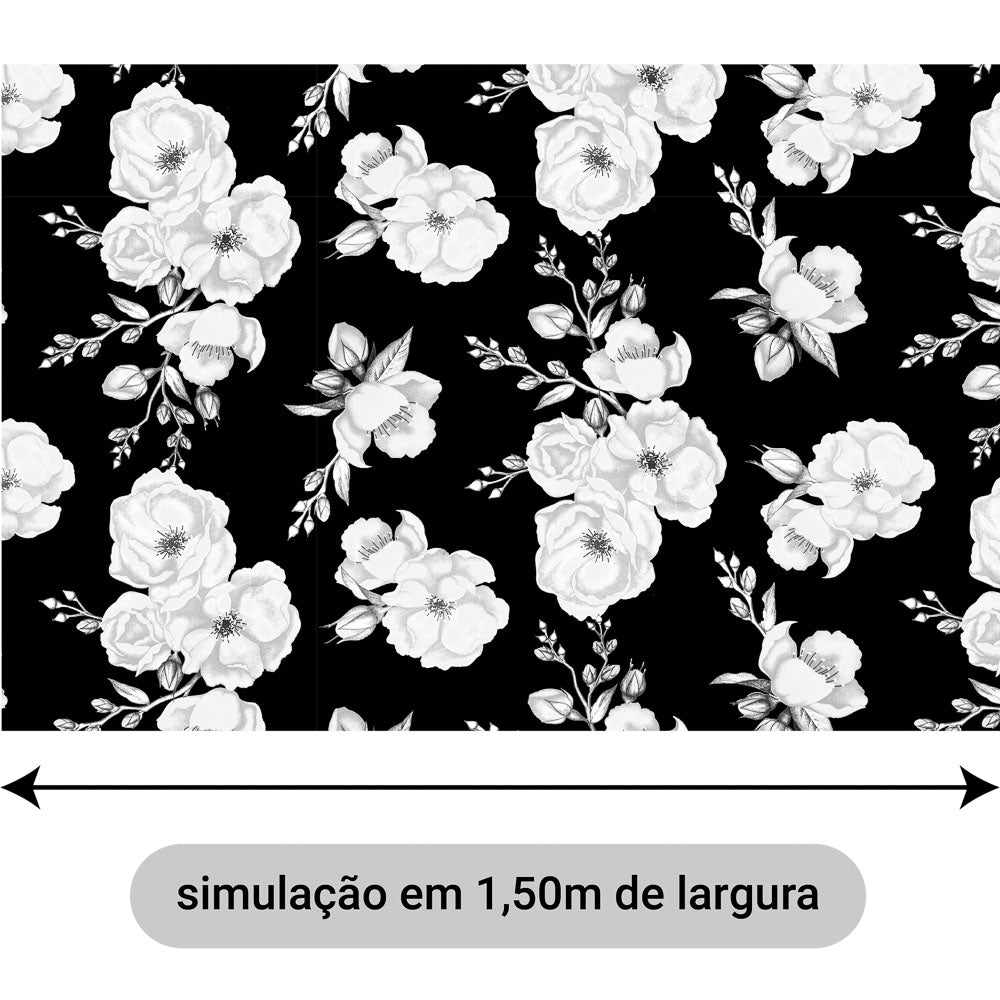 Oxford Digital Floral Branco Fundo Preto