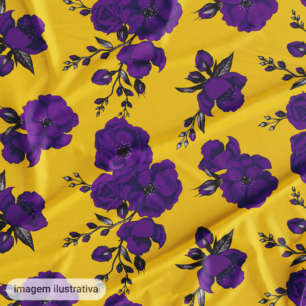 Oxford Digital Floral Roxo Fundo Amarelo