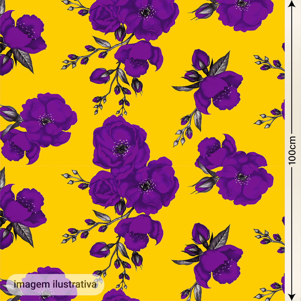 Oxford Digital Floral Roxo Fundo Amarelo