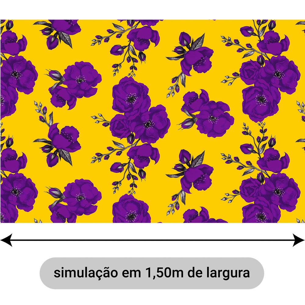 Oxford Digital Floral Roxo Fundo Amarelo