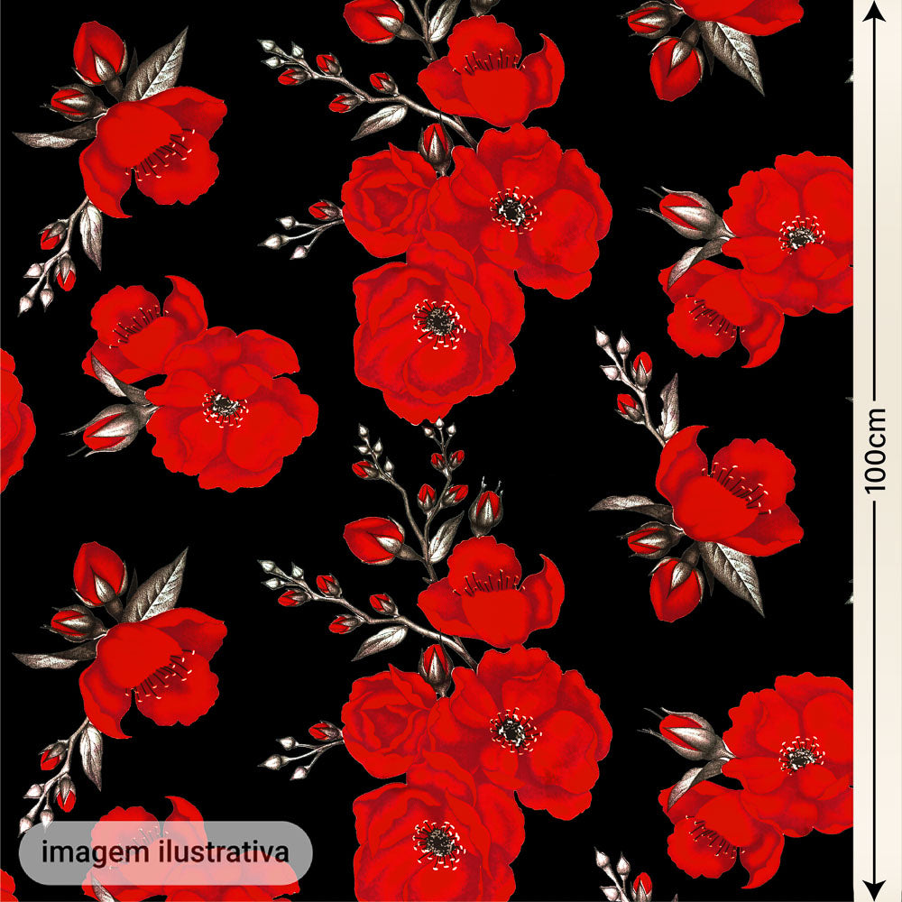 Oxford Digital Floral Vermelho Fundo Preto