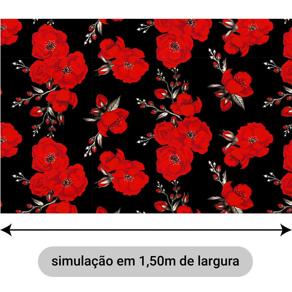 Oxford Digital Floral Vermelho Fundo Preto