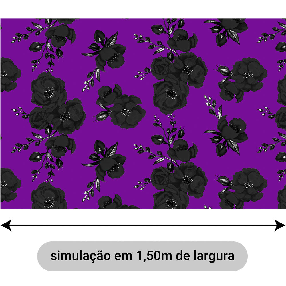 Oxford Digital Floral Preta Fundo Roxo