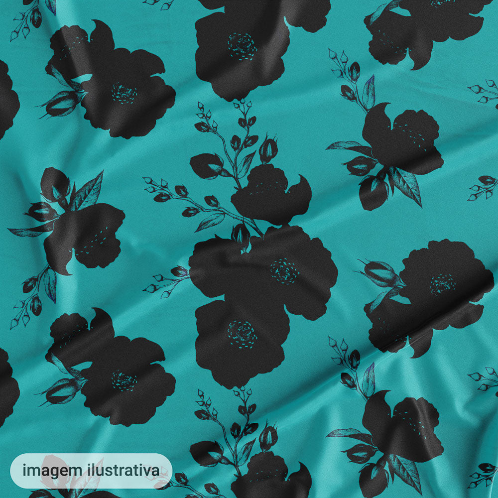 Oxford Digital Floral Preta Fundo Ciano