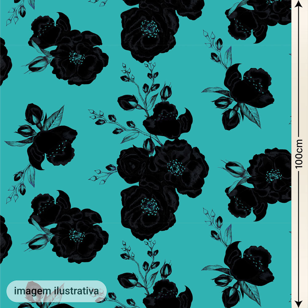 Oxford Digital Floral Preta Fundo Ciano