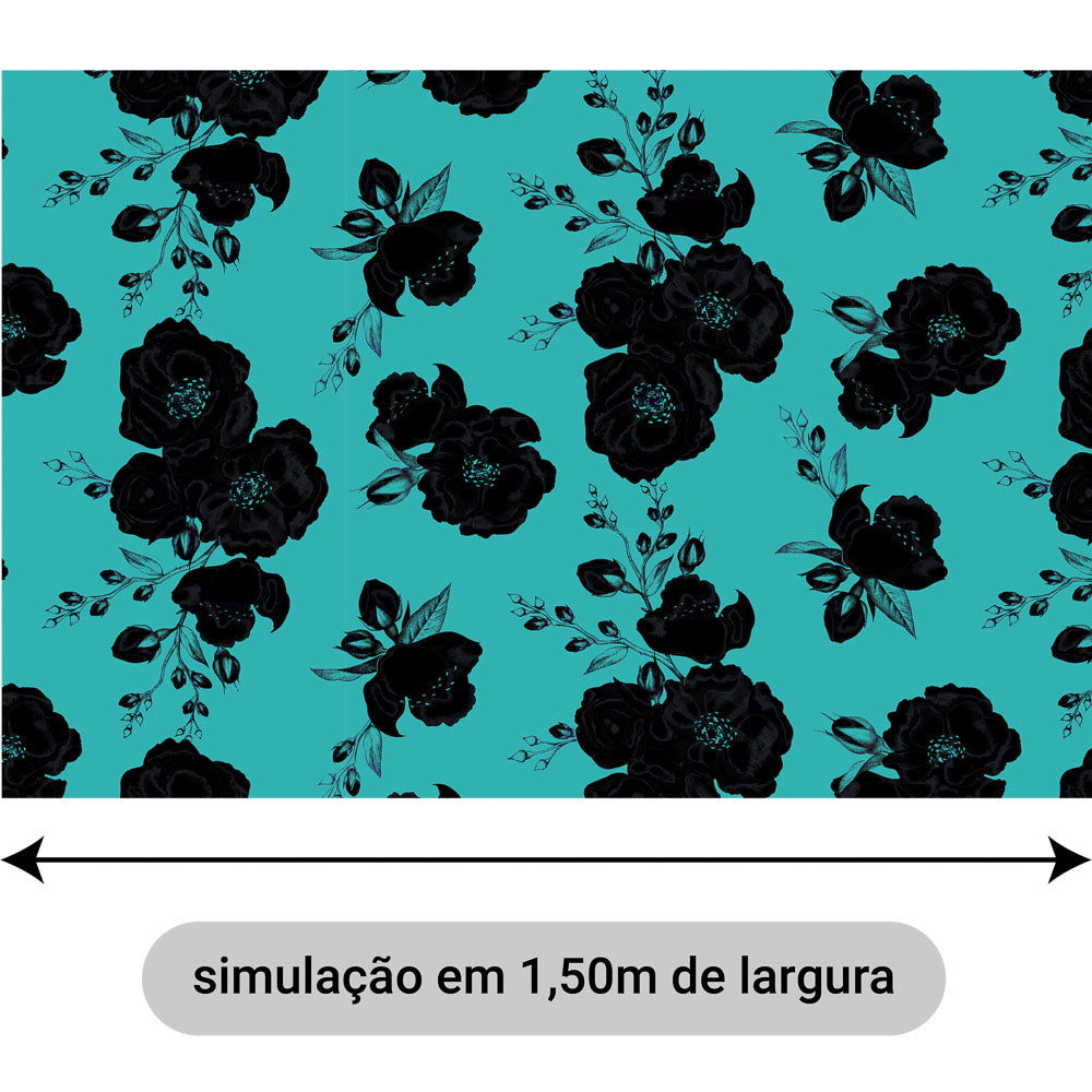 Oxford Digital Floral Preta Fundo Ciano