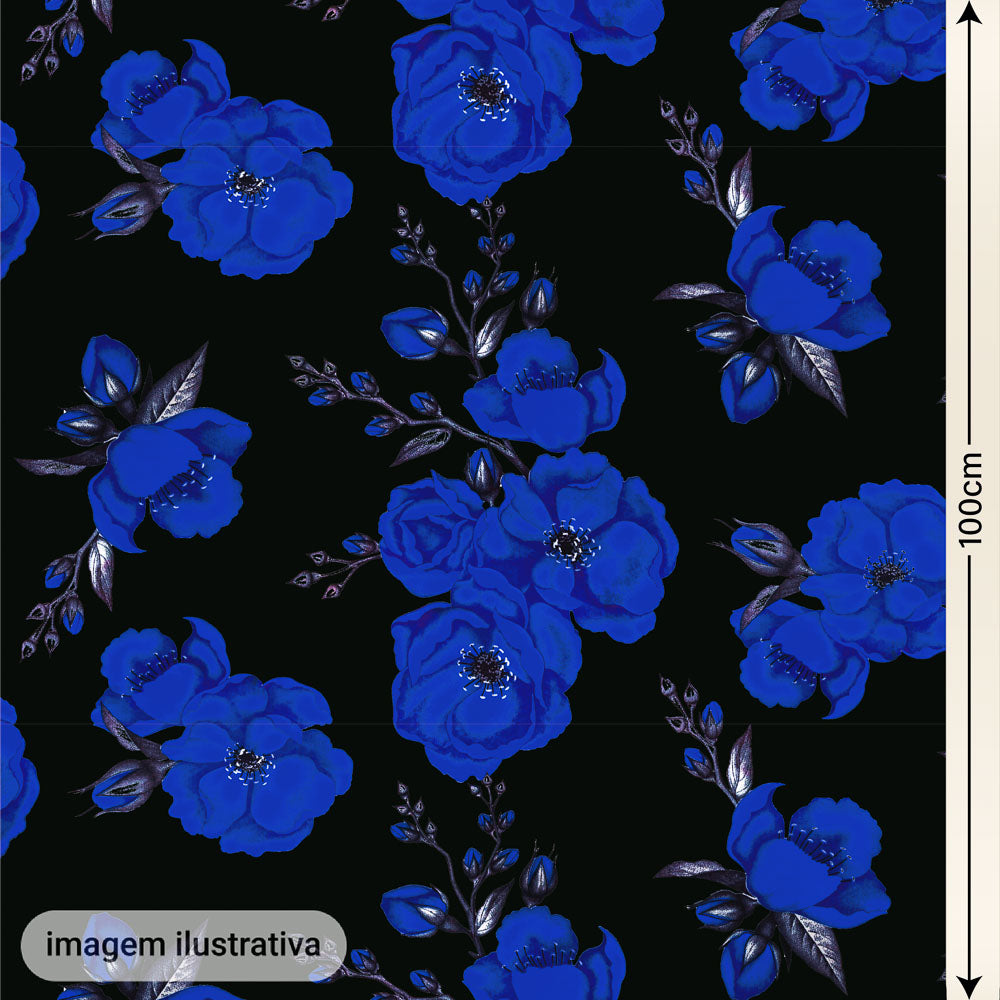 Oxford Digital Floral Azul Fundo Preto