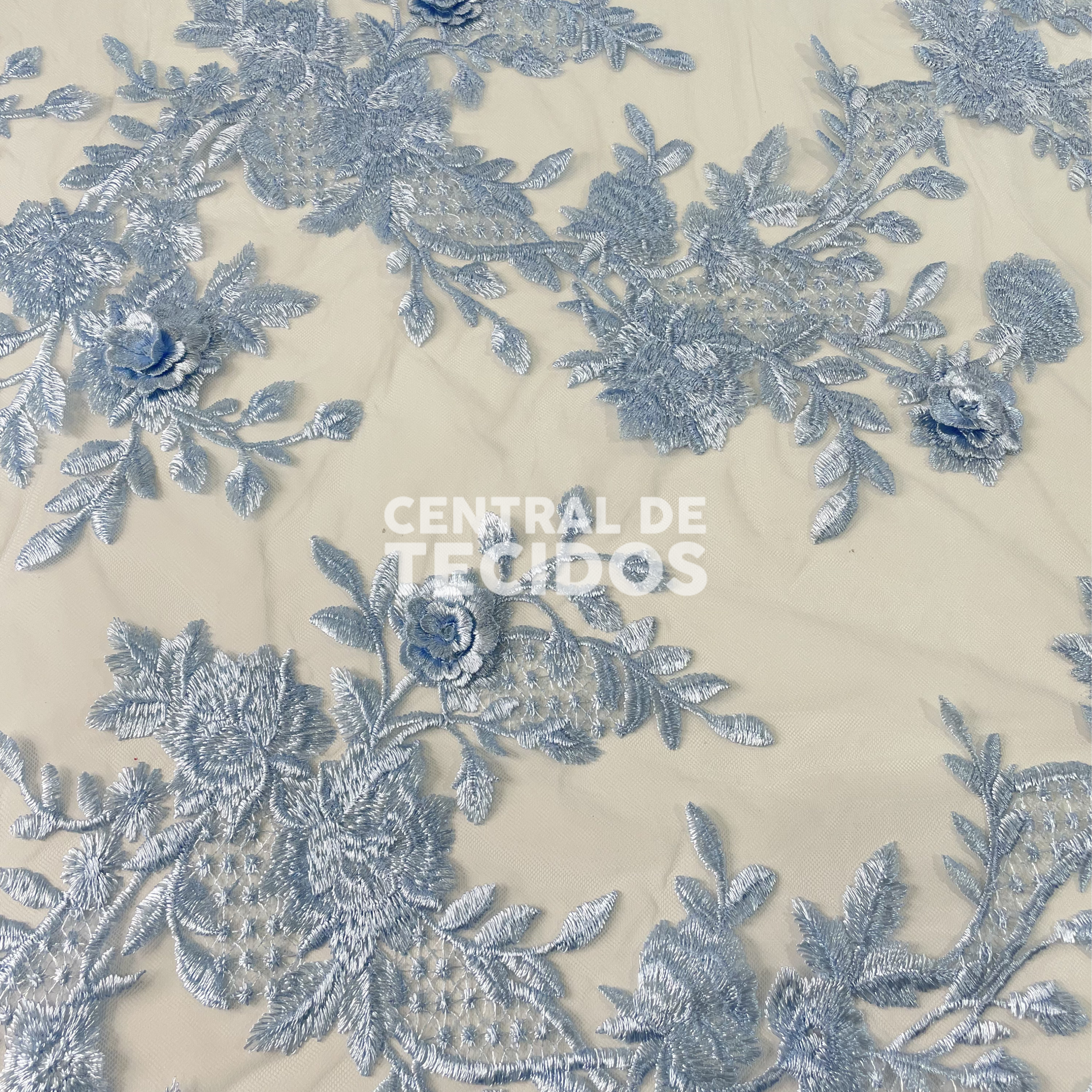 Tule Bordado 3D Floral Azul Claro