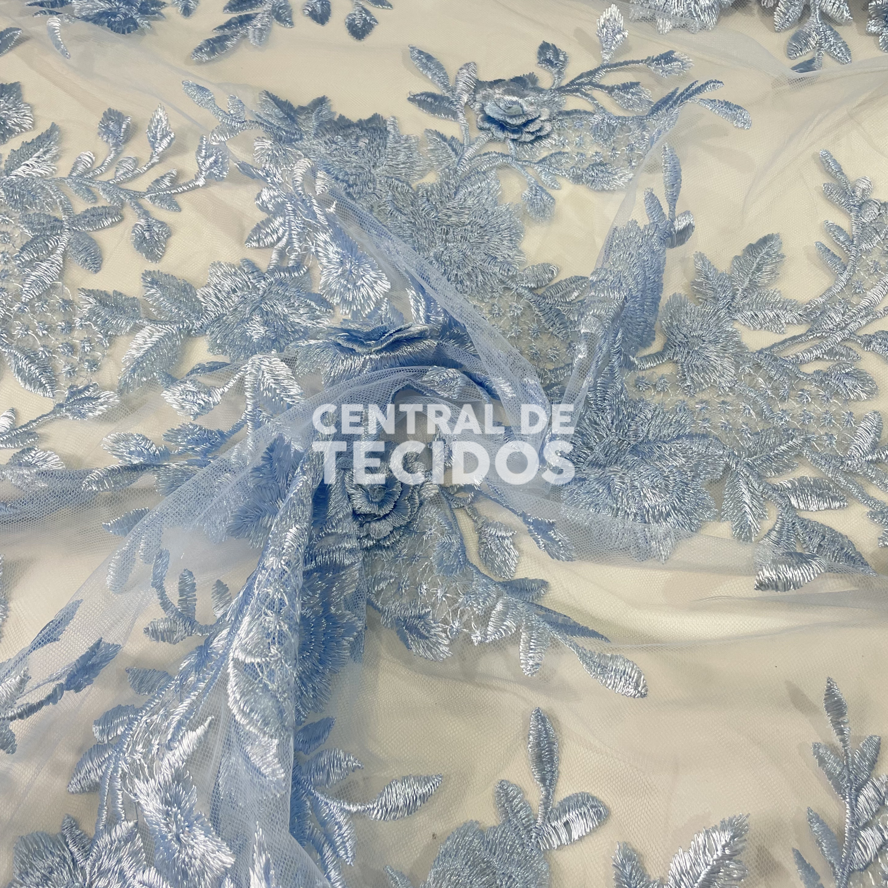 Tule Bordado 3D Floral Azul Claro