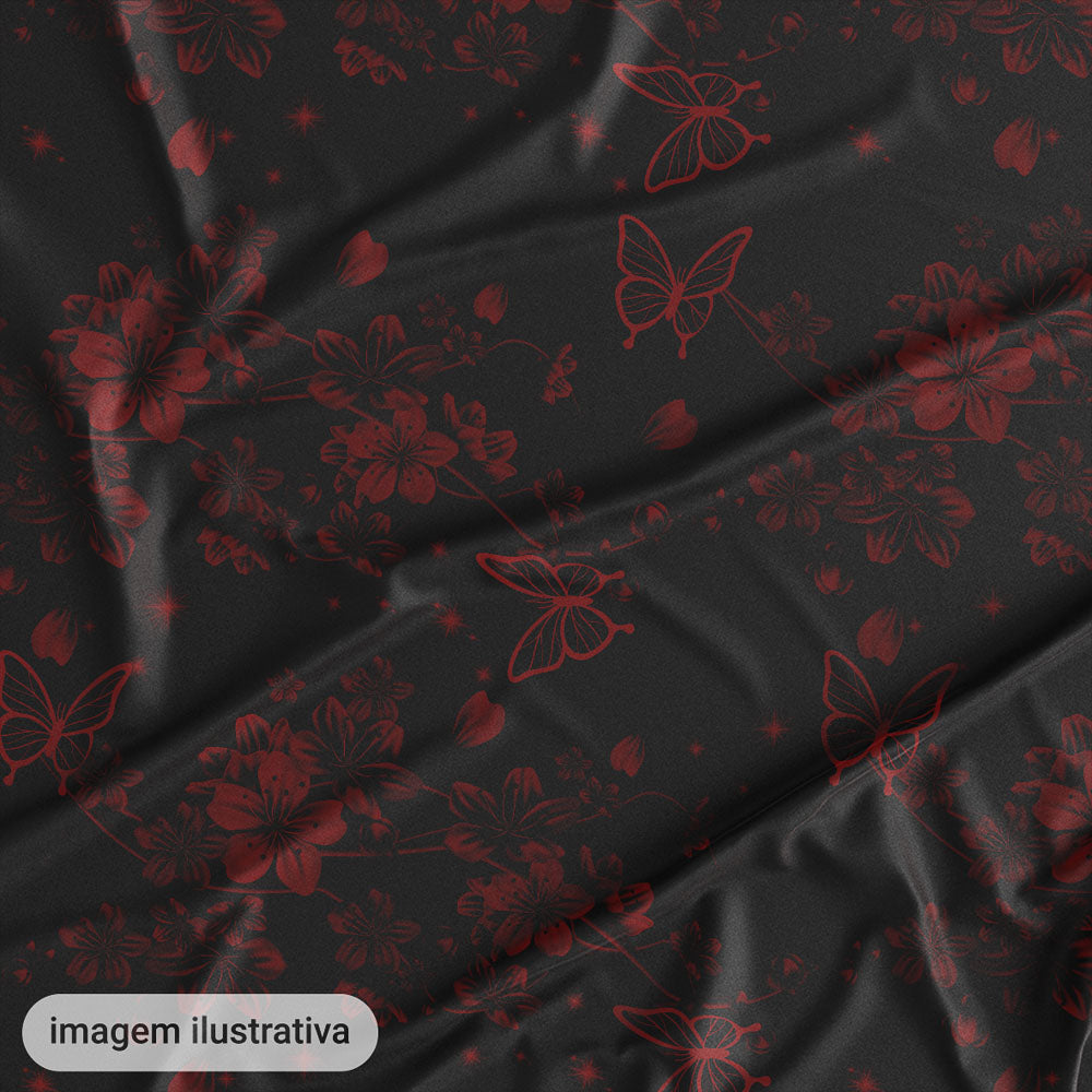 Oxford Digital Borboletas e Flores Vermelho Fundo Preto