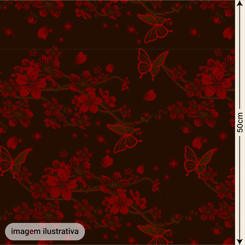 Oxford Digital Borboletas e Flores Vermelho Fundo Preto