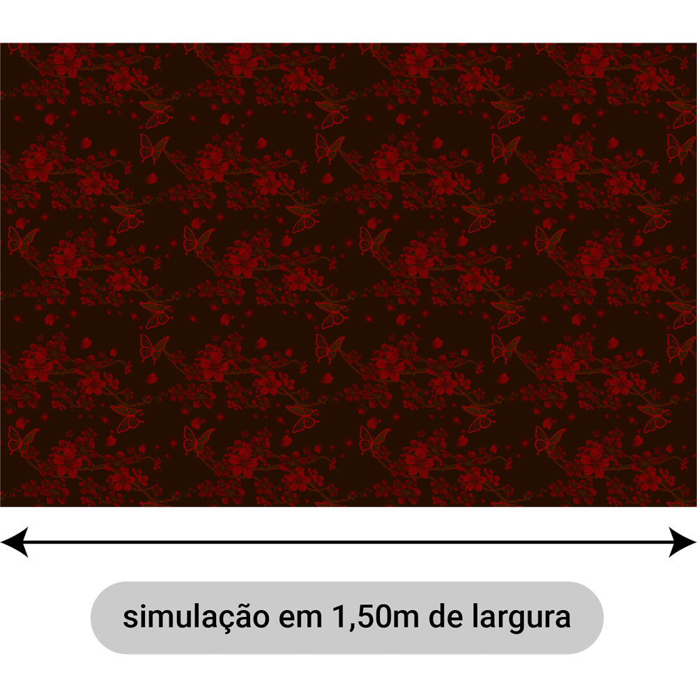 Oxford Digital Borboletas e Flores Vermelho Fundo Preto